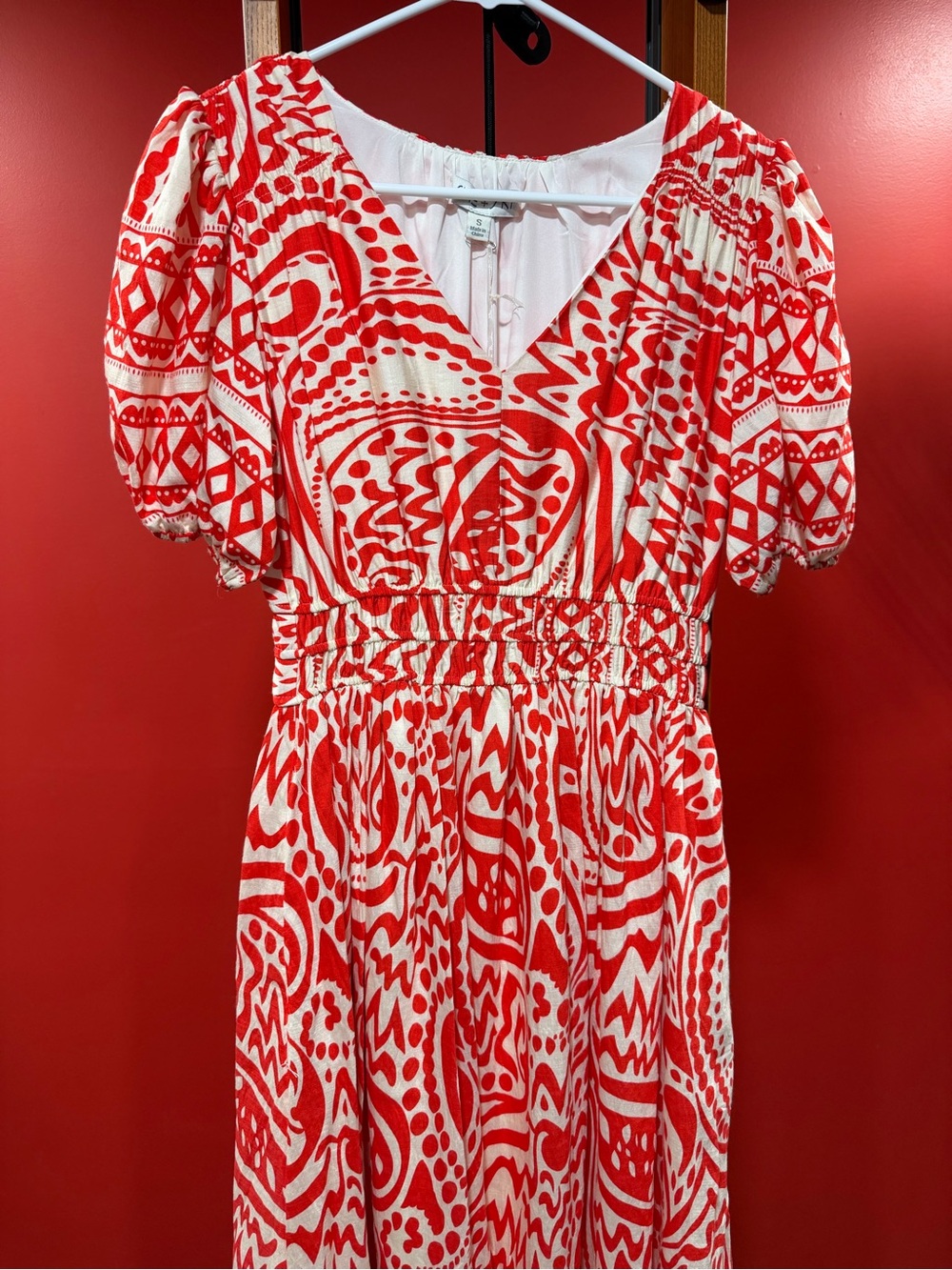 NWT She + Sky Red White Print Smocked Puff Sleeve Midi Dress Size Small - Picture 5 of 8
